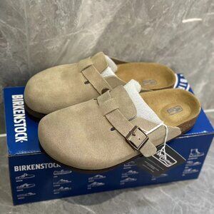 Birkenstock Boston taupe suede mule clogs
